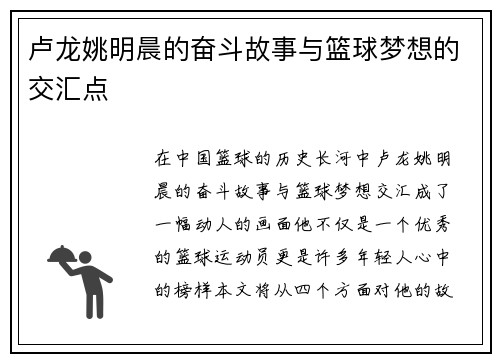 卢龙姚明晨的奋斗故事与篮球梦想的交汇点